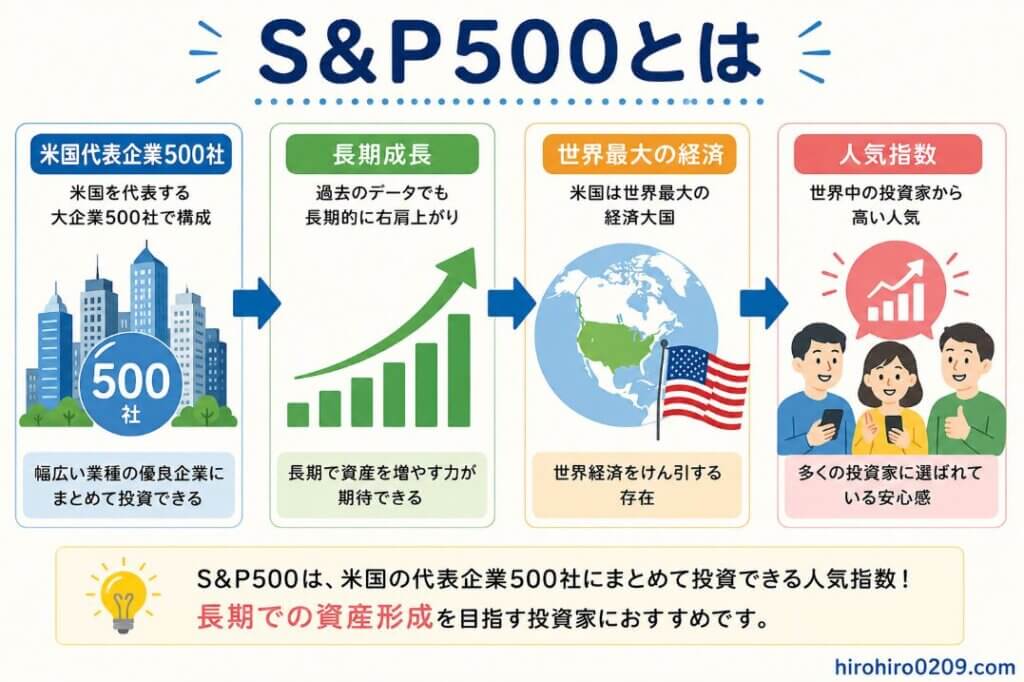 S&P500の特徴を初心者向けに分かりやすくまとめた図解。左から「米国代表企業500社」「長期成長」「世界最大の経済」「人気指数」の4つが矢印でつながっている。「米国代表企業500社」ではビル群と「500社」のアイコンで米国を代表する企業へ幅広く投資できることを示し、「長期成長」では右肩上がりのグラフで長期的な成長実績を表現。「世界最大の経済」では地球儀と米国をイメージしたイラストで世界経済をけん引する市場であることを示し、「人気指数」では投資家のイラストと上昇グラフで世界中の投資家から支持されている指数であることを表している。S&P500は米国の代表企業500社にまとめて投資でき、長期の資産形成を目指す初心者にも人気の高い株価指数であることが一目で分かるデザイン。右下には「hirohiro0209.com」と記載されている。