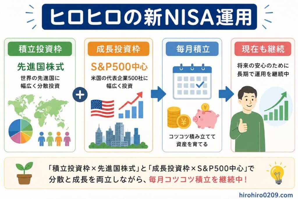ヒロヒロが実践している新NISAの運用方法をまとめた図解。左側に「積立投資枠 先進国株式」、中央に「+」、右側に「成長投資枠 S&P500中心」を配置し、それぞれの役割を分かりやすく表現している。その下には「毎月積立」から「現在も継続」へ矢印でつながる流れが描かれ、積立を継続することで長期的な資産形成を目指していることが一目で分かるデザイン。先進国株式で世界へ分散投資しつつ、S&P500を中心に米国の成長も取り込む運用方針を視覚的に説明している。右下には「hirohiro0209.com」と記載されている。