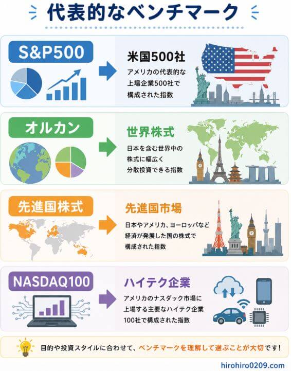 代表的な株価指数(ベンチマーク)の特徴を比較した図解。上から「S&P500」「オルカン」「先進国株式」「NASDAQ100」の4つを縦に並べ、それぞれが「米国500社」「世界株式」「先進国市場」「ハイテク企業」へ矢印でつながっている。各項目には、米国・世界・先進国・IT分野をイメージしたイラストが添えられ、どの市場や企業群に投資する指数なのかを視覚的に理解できる構成。投資信託を選ぶ前にベンチマークの違いを把握することの重要性が一目で分かるデザイン。右下には「hirohiro0209.com」と記載されている。