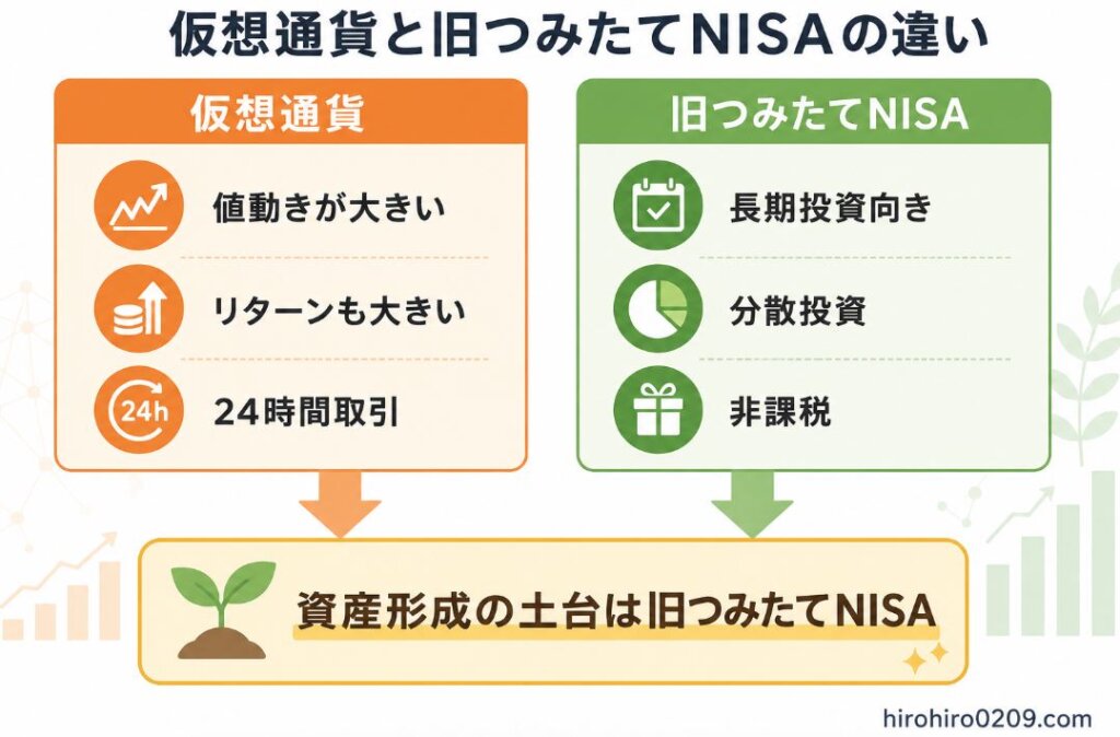 仮想通貨と旧つみたてNISAの特徴を比較した図解。仮想通貨は「値動きが大きい・リターンも大きい・24時間取引」、旧つみたてNISAは「長期投資向き・分散投資・非課税」という違いを整理し、資産形成の土台は旧つみたてNISAであることを示したイラスト。