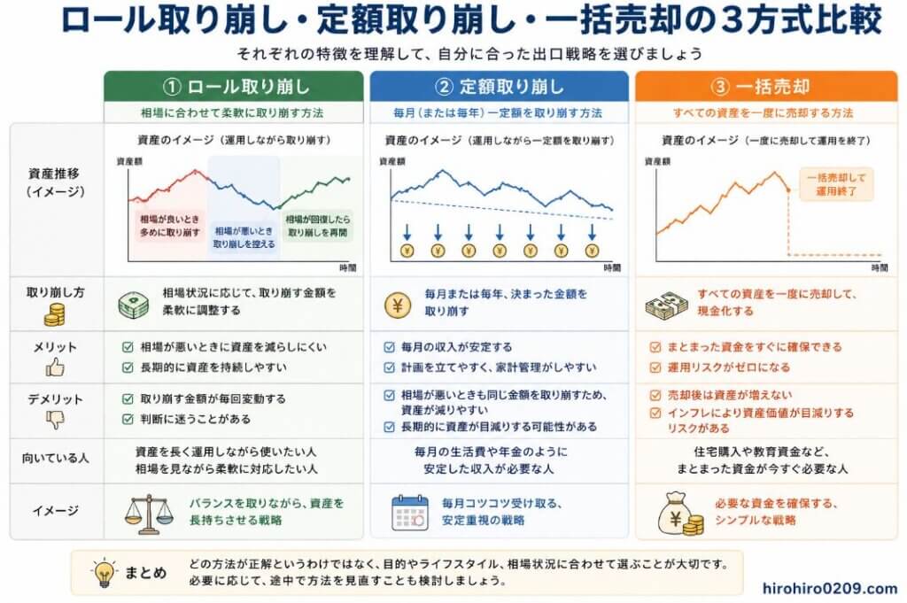 ロール取り崩し・定額取り崩し・一括売却の3つの出口戦略を一覧で比較した図解。左から「ロール取り崩し」「定額取り崩し」「一括売却」の3列で構成され、それぞれについて「資産推移イメージ」「取り崩し方」「メリット」「デメリット」「向いている人」を比較している。ロール取り崩しは相場が良いときに利益を取り崩し、下落時は売却を控えるため、資産を長持ちさせやすい一方、取り崩し額が一定ではないことを紹介。定額取り崩しは毎月または毎年決まった金額を受け取れるため家計管理がしやすい反面、暴落時でも同じ金額を売却する必要がある点を説明。一括売却は資産を一度に現金化できるため大きな資金が必要な場面に向く一方、売却後は資産運用が終了し、その後の値上がりの恩恵を受けられないことを示している。最下部には「目的やライフスタイル、相場状況に合わせて、自分に合った出口戦略を選ぶことが大切」というまとめを掲載し、右下には「hirohiro0209.com」と記載されている。