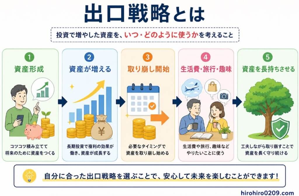 出口戦略の全体像を5つのステップで解説した図解。上から「資産形成」「資産が増える」「取り崩し開始」「生活費・旅行・趣味」「資産を長持ちさせる」が下向きの矢印で順番につながっている。まず積立投資で資産を形成し、長期運用によって資産が増加する様子を右肩上がりのグラフで表現。次に必要なタイミングで資産の取り崩しを開始し、その資金を生活費や旅行、趣味など人生を豊かにする目的に活用する流れをイラストで示している。最後は、無理のない取り崩しを続けることで資産を長持ちさせ、安心して将来を過ごせることを大きな木や盾のイラストで表現している。下部には「自分に合った出口戦略を選ぶことで、安心して未来を楽しむことができる」というメッセージが添えられ、右下には「hirohiro0209.com」と記載されている。