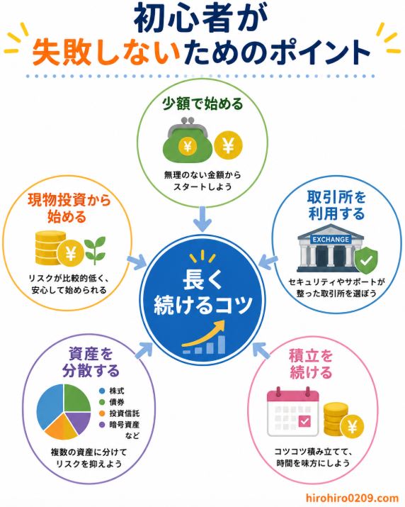 仮想通貨初心者が長く投資を続けるための5つのポイントをまとめた図解。中央に「長く続けるコツ」を配置し、その周囲に「少額で始める」「取引所を利用する」「積立を続ける」「資産を分散する」「現物投資から始める」を円形に配置して、初心者が失敗を避ける考え方を分かりやすく示したイラスト。