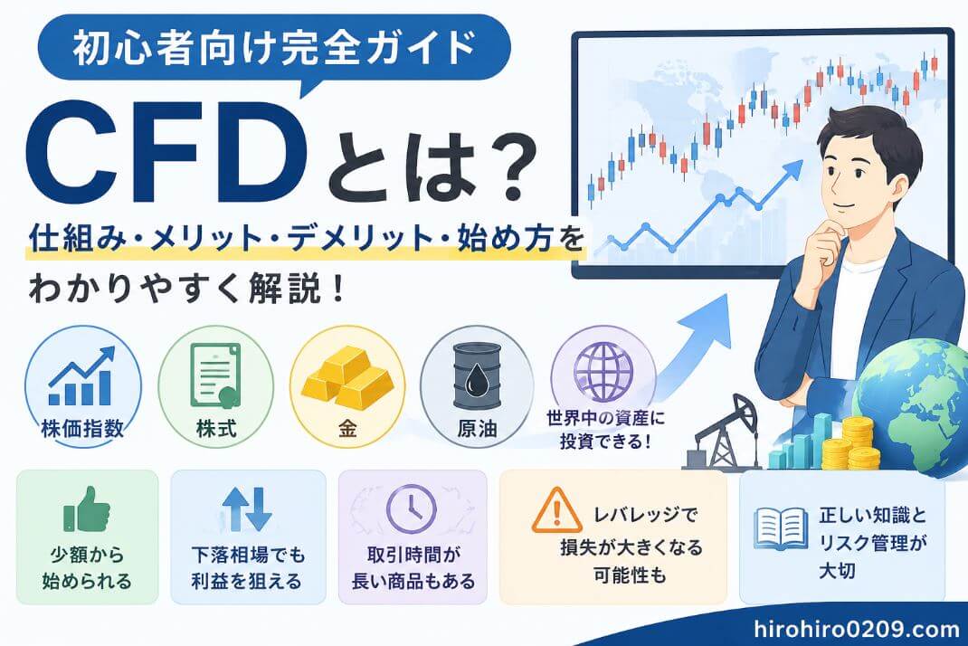 CFD（差金決済取引）の基本を初心者向けに解説するアイキャッチ画像。株価指数・金・原油など幅広い投資対象と、メリット・デメリット、レバレッジの特徴をイラストでわかりやすく表現している