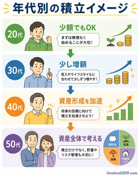 年代別の新NISA積立イメージをまとめた図解イラスト。20代は「少額でもOK」、30代は「少し増額」、40代は「資産形成を加速」、50代は「資産全体で考える」という流れで、それぞれの年代に合った積立額の考え方をわかりやすく解説している