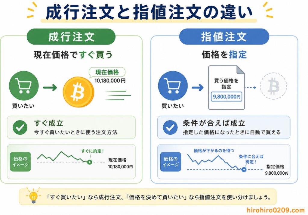 成行注文と指値注文の違いを左右で比較した図解。成行注文は現在の市場価格ですぐに購入でき、注文がすぐ成立することを説明。指値注文は希望する価格を指定して注文し、その価格になった場合に成立する仕組みを示し、それぞれの特徴を初心者にも分かりやすくまとめたイラスト。