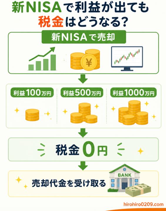 新NISAで売却した際の流れを示した図解。利益100万円・500万円・1000万円になっても税金は0円で、そのまま売却代金を受け取れることをフローチャート形式でわかりやすく説明したイラスト。