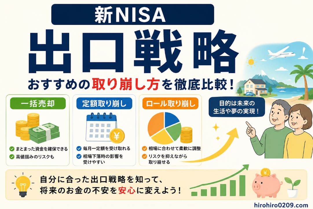 新NISAの出口戦略を比較したアイキャッチ画像。中央に大きく「出口戦略」、上部に「新NISA」、その下に「おすすめの取り崩し方を徹底比較！」と大きく表示されている。中央には3つの取り崩し方法が並び、「一括売却」「定額取り崩し」「ロール取り崩し」を、それぞれコインやカレンダー、円グラフなどのイラスト付きで紹介。一括売却はまとまった資金を確保しやすい方法、定額取り崩しは毎月一定額を受け取る方法、ロール取り崩しは相場状況に応じて柔軟に売却額を調整する方法として表現されている。右側には将来の生活や旅行など夢をイメージしたイラストを配置し、「目的は未来の生活や夢の実現！」というメッセージを掲載。下部には右肩上がりの資産グラフと貯金箱のイラストを添え、「自分に合った出口戦略を知って、将来のお金の不安を安心に変えよう！」というメッセージで締めくくられている。右下には「hirohiro0209.com」と記載されている。