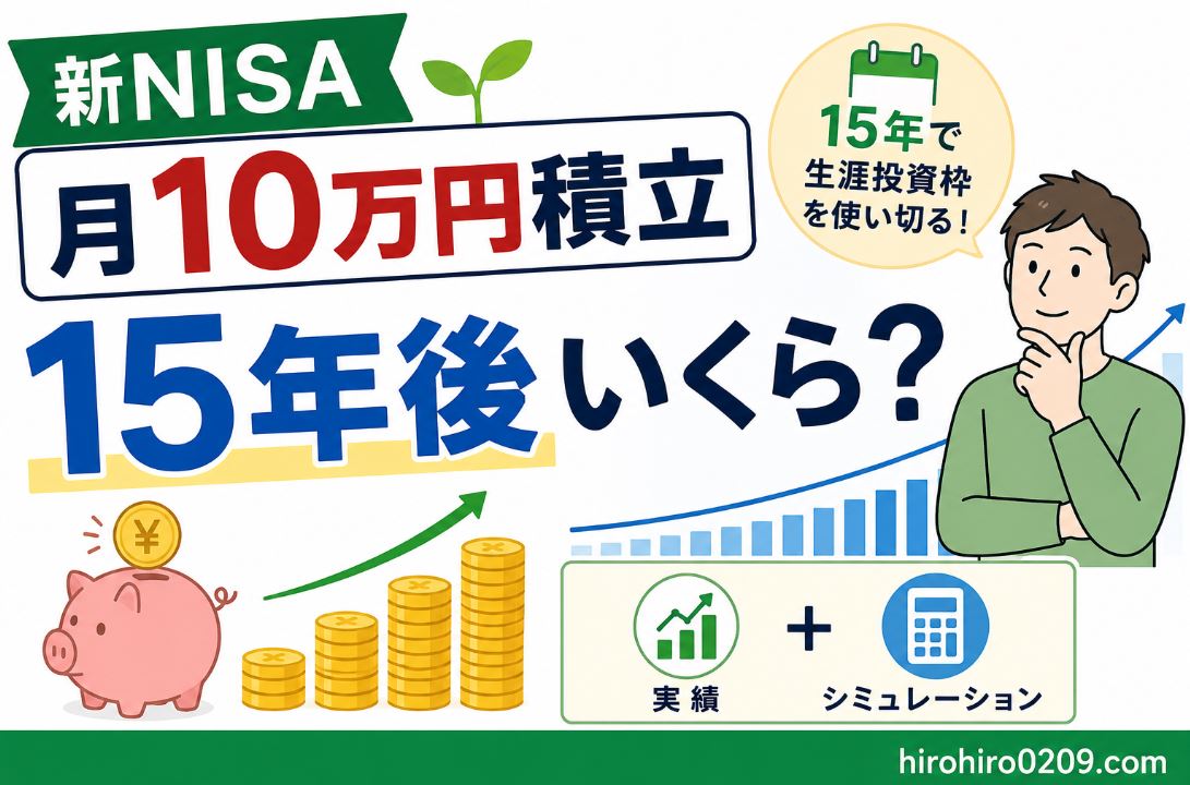 新NISAで毎月10万円を積み立てた場合の15年後の資産をテーマにしたアイキャッチ画像。「新NISA」「月10万円積立」「15年後いくら？」の大きな文字を中心に、右側には考える人物、左下には貯金箱と積み上がるコイン、右下には右肩上がりの資産グラフと「実績＋シミュレーション」のアイコンを配置している。吹き出しには「15年で生涯投資枠を使い切る！」と記載され、15年で新NISAの生涯投資枠1,800万円に到達することを視覚的に表現している。右下には「hirohiro0209.com」の表記がある。