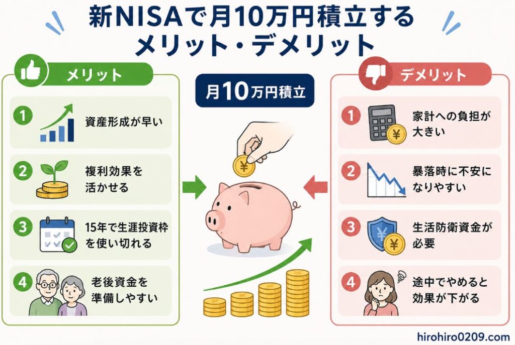 新NISAで毎月10万円を積み立てるメリットとデメリットを左右で比較した図解イラスト。中央に「月10万円積立」を配置し、左側には「資産形成が早い」「複利効果を活かせる」「15年で生涯投資枠を使い切れる」「老後資金を準備しやすい」の4つのメリットを、右側には「家計への負担が大きい」「暴落時に不安になりやすい」「生活防衛資金が必要」「途中でやめると効果が下がる」の4つのデメリットを、アイコン付きで分かりやすく比較している。右下には「hirohiro0209.com」の表記がある。