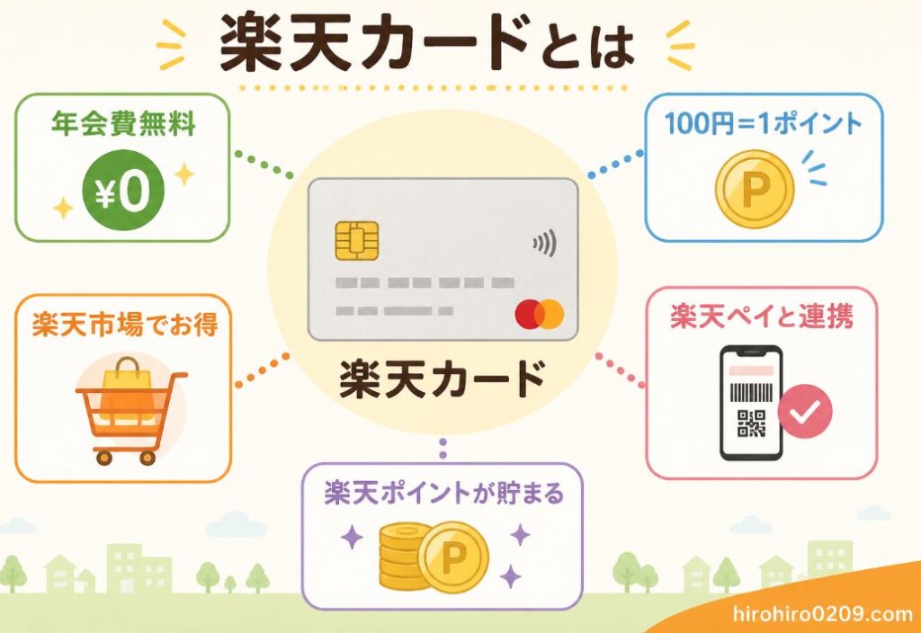 楽天カードの特徴をまとめた図解イラスト。中央に「楽天カード」を配置し、周囲に「年会費無料」「100円=1ポイント」「楽天市場でお得」「楽天ペイと連携」「楽天ポイントが貯まる」の5つの特徴をアイコン付きで分かりやすく紹介している。楽天カードの基本的なメリットが一目で理解できるデザインで、右下には「hirohiro0209.com」の表記がある