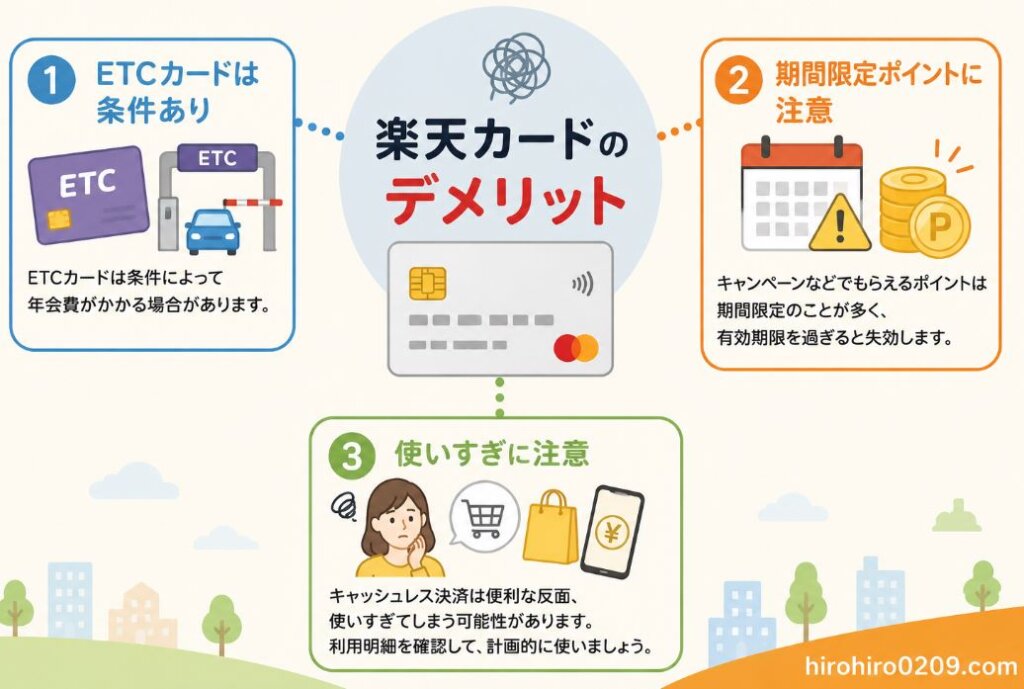 楽天カードのデメリットをまとめた図解イラスト。中央に「楽天カードのデメリット」を配置し、周囲に「ETCカードは条件あり」「期間限定ポイントに注意」「使いすぎに注意」の3つの注意点をアイコン付きで分かりやすく紹介している。楽天カードを申し込む前に知っておきたいデメリットを一目で理解できるデザインで、右下には「hirohiro0209.com」の表記がある