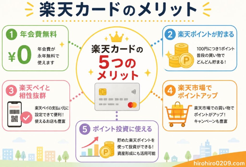 楽天カードの5つのメリットをまとめた図解イラスト。中央に「楽天カードの5つのメリット」を配置し、周囲に「年会費無料」「楽天ポイントが貯まる」「楽天ペイと相性抜群」「楽天市場でポイントアップ」「ポイント投資に使える」の5つの特徴をアイコン付きで分かりやすく紹介している。楽天カードを利用するメリットが一目で理解できるデザインで、右下には「hirohiro0209.com」の表記がある