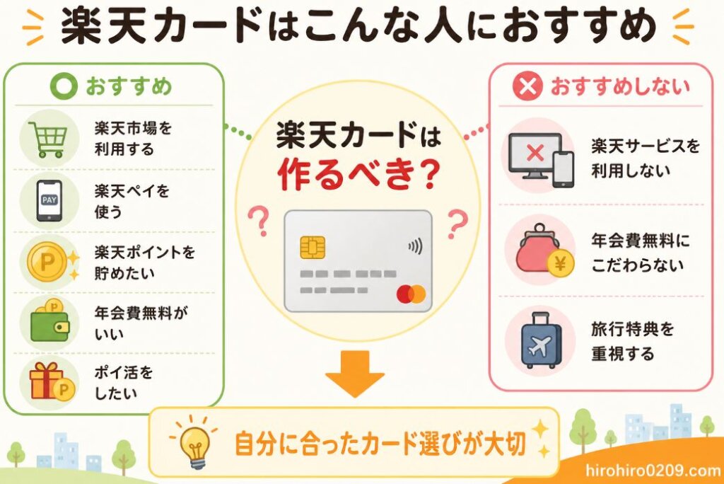 楽天カードがおすすめな人とおすすめしない人を比較した図解イラスト。中央に「楽天カードは作るべき?」を配置し、左側には「楽天市場を利用する」「楽天ペイを使う」「楽天ポイントを貯めたい」「年会費無料がいい」「ポイ活をしたい」など、おすすめな人の特徴を掲載。右側には「楽天サービスを利用しない」「年会費無料にこだわらない」「旅行特典を重視する」など、おすすめしない人の特徴を掲載。下部には「自分に合ったカード選びが大切」というメッセージを配置し、右下には「hirohiro0209.com」の表記がある