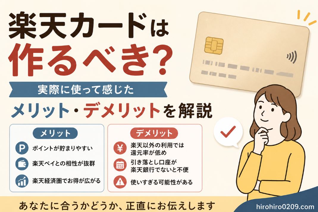 楽天カードは作るべきか悩んでいる人向けのアイキャッチ画像。大きく「楽天カードは作るべき？」と表示し、「実際に使って感じたメリット・デメリットを解説」というサブタイトルを配置。右側にはシンプルなクレジットカードのイラストと考えている人物、左下には「メリット」と「デメリット」を比較したボックスを配置し、「ポイントが貯まりやすい」「楽天ペイとの相性が良い」「楽天経済圏でお得」などのメリットと、「楽天以外では還元率が低め」「使いすぎに注意」などのデメリットを分かりやすく紹介している。下部には「あなたに合うかどうか、正直にお伝えします」というメッセージを配置し、右下には「hirohiro0209.com」の表記がある