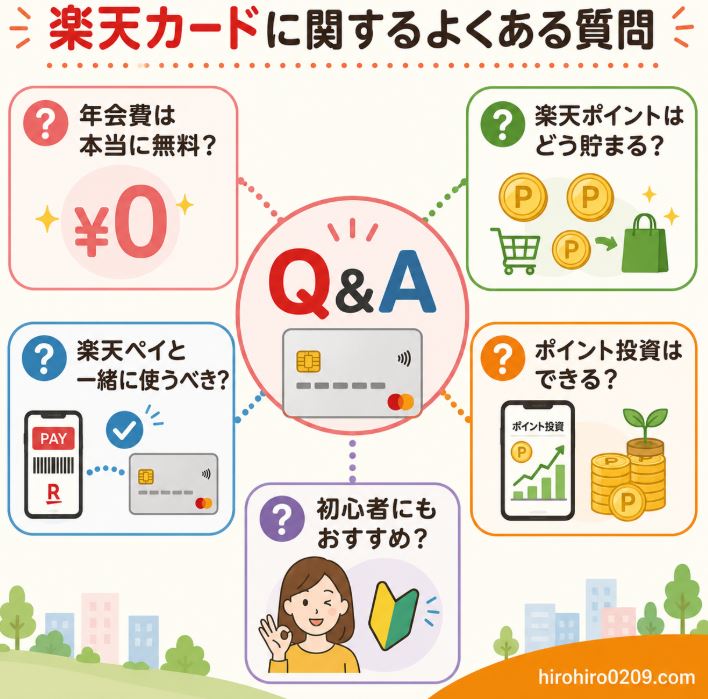楽天カードに関するよくある質問をまとめた図解イラスト。中央に「Q&A」を配置し、周囲に「年会費は本当に無料?」「楽天ポイントはどう貯まる?」「楽天ペイと一緒に使うべき?」「ポイント投資はできる?」「初心者にもおすすめ?」という楽天カード利用前によくある疑問を配置している。楽天カードを作る前に知っておきたいポイントを分かりやすく整理したデザインで、右下には「hirohiro0209.com」の表記がある