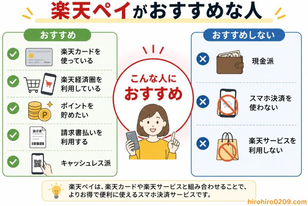 楽天ペイがおすすめな人とおすすめしない人を比較した図解イラスト。中央に「こんな人におすすめ」を配置し、左側には「楽天カードを使っている」「楽天経済圏を利用している」「ポイントを貯めたい」「請求書払いを利用する」「キャッシュレス派」の5項目を、おすすめの特徴として紹介。右側には「現金派」「スマホ決済を使わない」「楽天サービスを利用しない」の3項目を、おすすめしない人の特徴として分かりやすく比較している。右下には「hirohiro0209.com」の表記がある