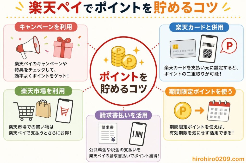 楽天ペイで効率よくポイントを貯める5つのコツを図解でまとめたイラスト。中央に「ポイントを貯めるコツ」を配置し、その周囲に「キャンペーンを利用」「楽天カードと併用」「楽天市場を利用」「期間限定ポイントを使う」「請求書払いを活用」の5つの方法をアイコン付きで分かりやすく紹介している。楽天カードとの併用やキャンペーン活用、楽天市場での買い物、期間限定ポイントの有効活用、請求書払いなど、楽天ペイをよりお得に使うポイントを視覚的に理解できる構成となっている。右下には「hirohiro0209.com」の表記がある