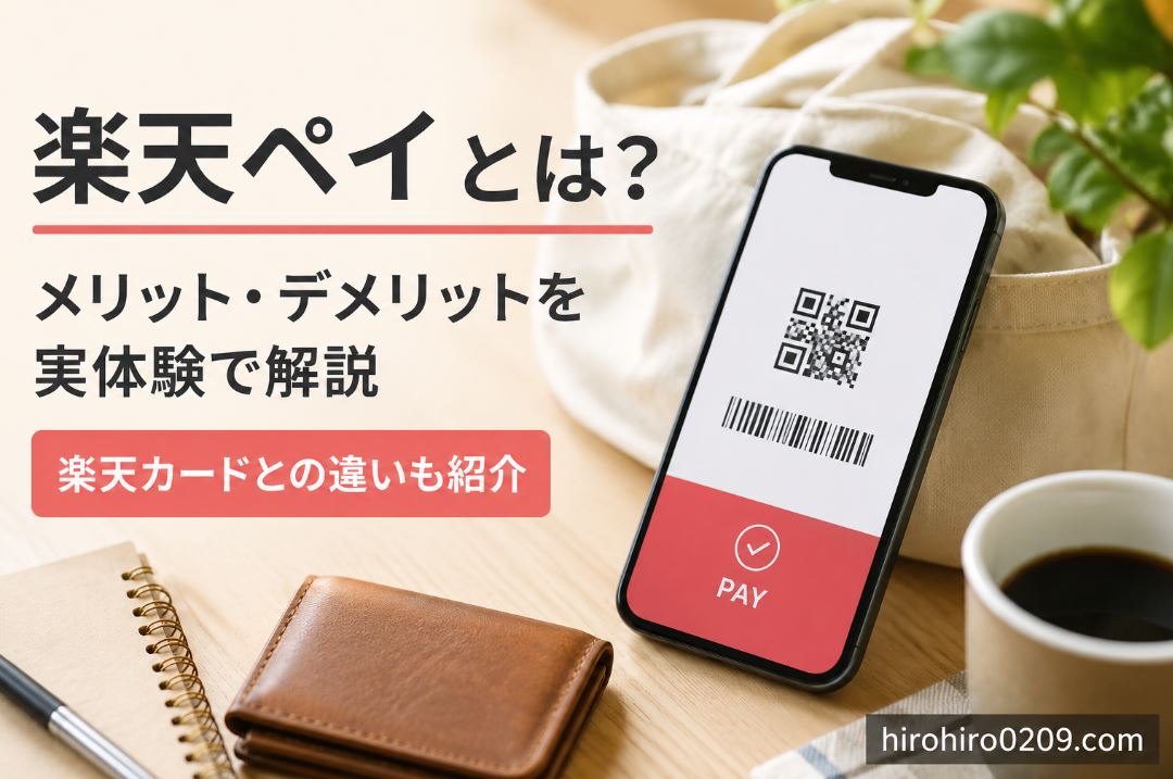 楽天ペイのメリット・デメリットや楽天カードとの違いを解説するアイキャッチ画像。QRコード決済を表示したスマートフォン、財布、ノート、コーヒーカップが配置され、「楽天ペイとは？」「メリット・デメリットを実体験で解説」「楽天カードとの違いも紹介」の文字がデザインされている。
