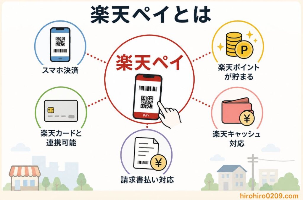 楽天ペイの主な特徴を図解でまとめたイラスト。中央に「楽天ペイ」を配置し、その周囲に「スマホ決済」「楽天ポイントが貯まる」「楽天カードと連携可能」「楽天キャッシュ対応」「請求書払い対応」の5つの機能をアイコン付きで紹介している。右下には「hirohiro0209.com」の表記がある