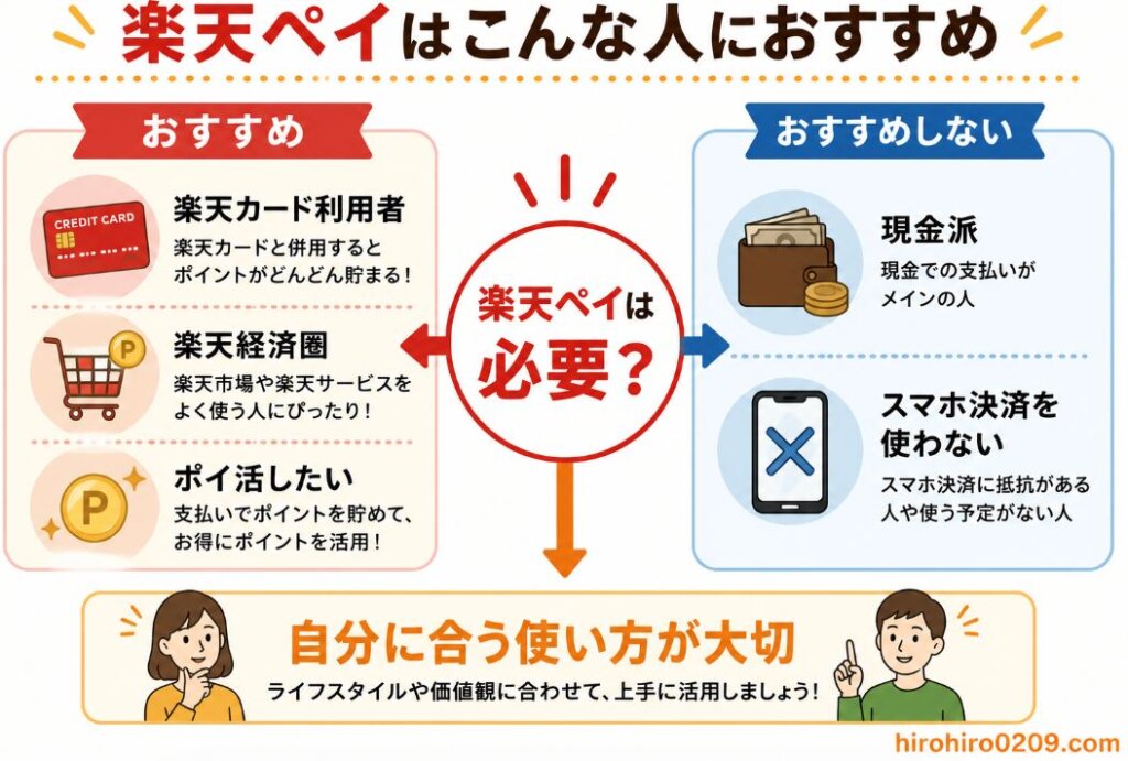楽天ペイがおすすめな人とおすすめしない人を比較した図解イラスト。中央に「楽天ペイは必要?」を配置し、左側にはおすすめの人として「楽天カード利用者」「楽天経済圏を利用している人」「ポイ活したい人」の3つを紹介。右側にはおすすめしない人として「現金派」「スマホ決済を使わない人」の2つを掲載している。下部には「自分に合う使い方が大切」というメッセージを配置し、ライフスタイルに合わせて楽天ペイを活用することの重要性を分かりやすく伝えている。右下には「hirohiro0209.com」の表記がある