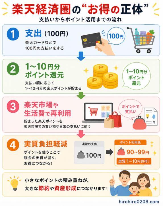 楽天経済圏での支出に対してポイント還元が発生し、そのポイントを再利用することで実質的な支出負担が軽減される構造