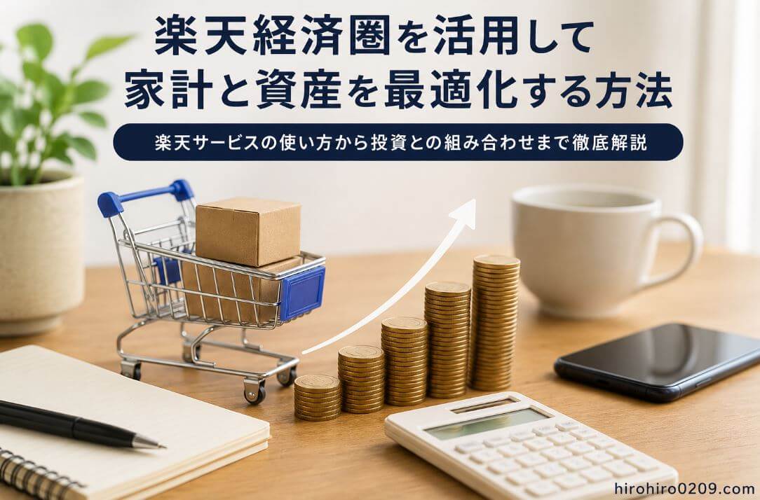楽天経済圏をイメージしたアイキャッチ画像。買い物カートや積み上がったコイン、電卓、スマートフォンが配置され、楽天カードや楽天市場などを活用してポイントを貯め、家計管理と資産形成を効率化するイメージを表現している。