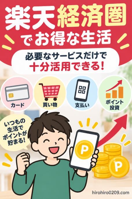 楽天経済圏はすべてのサービスを使わなくても、楽天カードや楽天市場、楽天ペイ、ポイント投資など必要なサービスを組み合わせてお得に活用できることを示したアイキャッチ画像