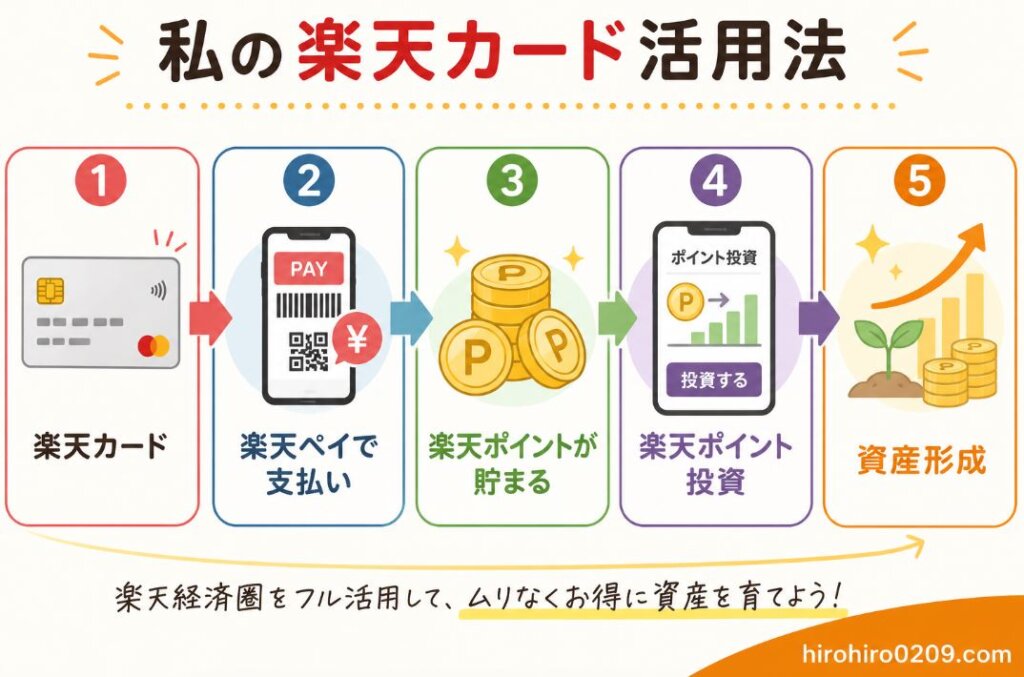 楽天カードを活用した資産形成の流れを示した図解イラスト。上部に「私の楽天カード活用法」と表示し、「楽天カード」→「楽天ペイで支払い」→「楽天ポイントが貯まる」→「楽天ポイント投資」→「資産形成」の5つのステップを矢印で順番につないでいる。普段の買い物で貯めた楽天ポイントを投資に活用し、資産形成につなげる流れが一目で分かるデザインで、右下には「hirohiro0209.com」の表記がある