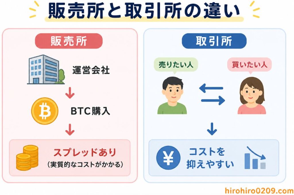販売所と取引所の仕組みの違いを比較した図解。販売所は運営会社から直接ビットコインを購入するためスプレッド(実質的なコスト)が発生する一方、取引所は売りたい人と買いたい人が売買する仕組みで、コストを抑えやすいことを分かりやすく説明したイラスト。