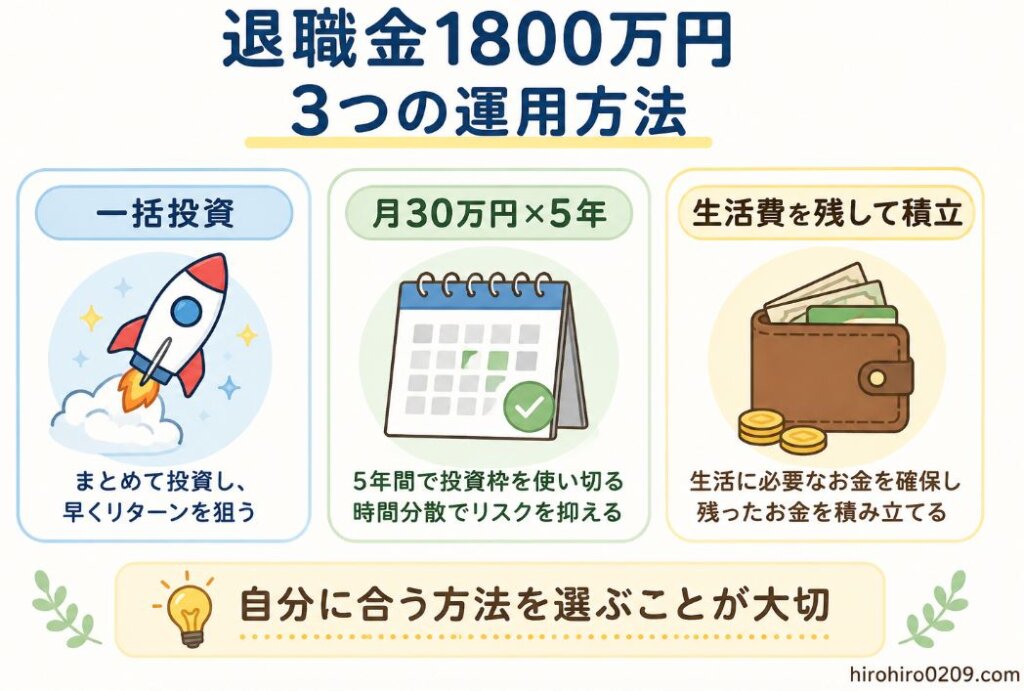 退職金1800万円の運用方法を比較した図解。左に「一括投資（ロケットのアイコン）」、中央に「月30万円×5年（カレンダーのアイコン）」、右に「生活費を残して積立（財布のアイコン）」を配置し、下部に「自分に合う方法を選ぶことが大切」とまとめたイラスト。