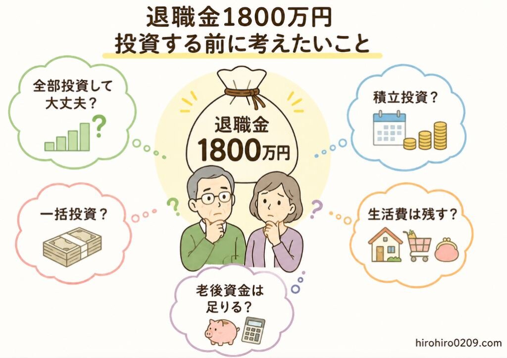退職金1800万円を前に悩む夫婦のイラストを中心に、「全部投資して大丈夫？」「一括投資？」「積立投資？」「生活費は残す？」「老後資金は足りる？」という5つの検討ポイントを吹き出しでまとめた図解イラスト