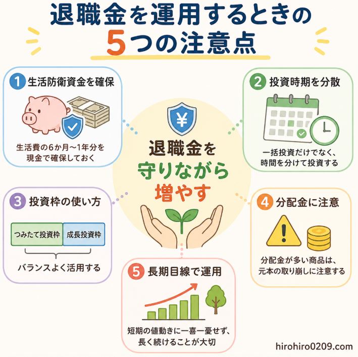 退職金を安全に運用するための5つの注意点をまとめた図解イラスト。中央に「退職金を守りながら増やす」を配置し、その周囲に「生活防衛資金を確保」「投資時期を分散」「投資枠の使い方」「分配金に注意」「長期目線で運用」の5つのポイントを分かりやすく配置したデザイン。右下に「hirohiro0209.com」の表記あり。