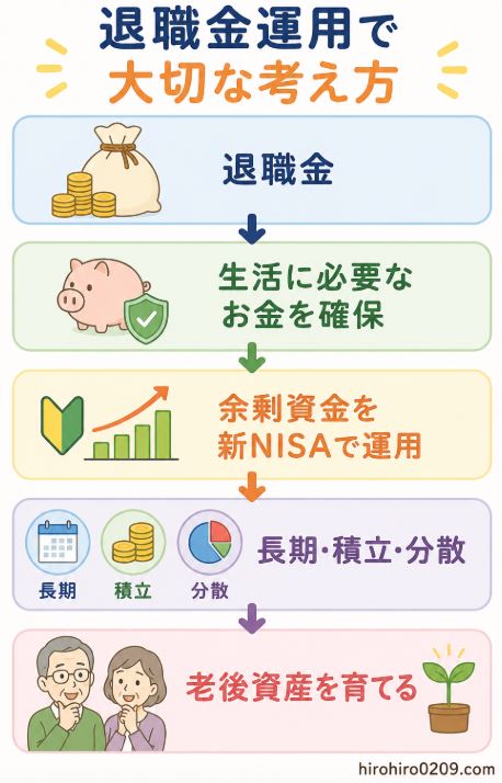 退職金運用の基本的な考え方をフロー形式で示した図解。退職金から「生活に必要なお金を確保」し、「余剰資金を新NISAで運用」、さらに「長期・積立・分散」を実践して「老後資産を育てる」という流れを矢印で分かりやすく解説したイラスト。右下に「hirohiro0209.com」の表記あり。