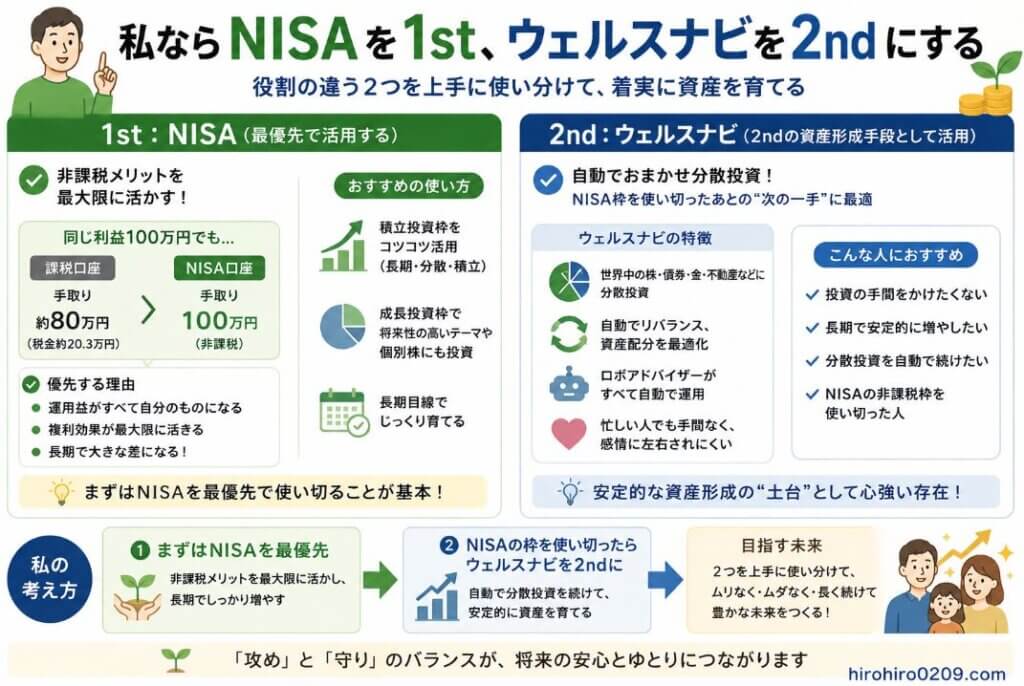 NISAを1stとして非課税メリットを最大限に活用し、NISAの非課税枠を使い切った後はウェルスナビを2ndの資産形成手段として活用する考え方を示した図解。NISAでは長期・積立・分散投資を行い、ウェルスナビでは株式・債券・金・不動産などへの分散投資を自動で続ける使い分けを表現している