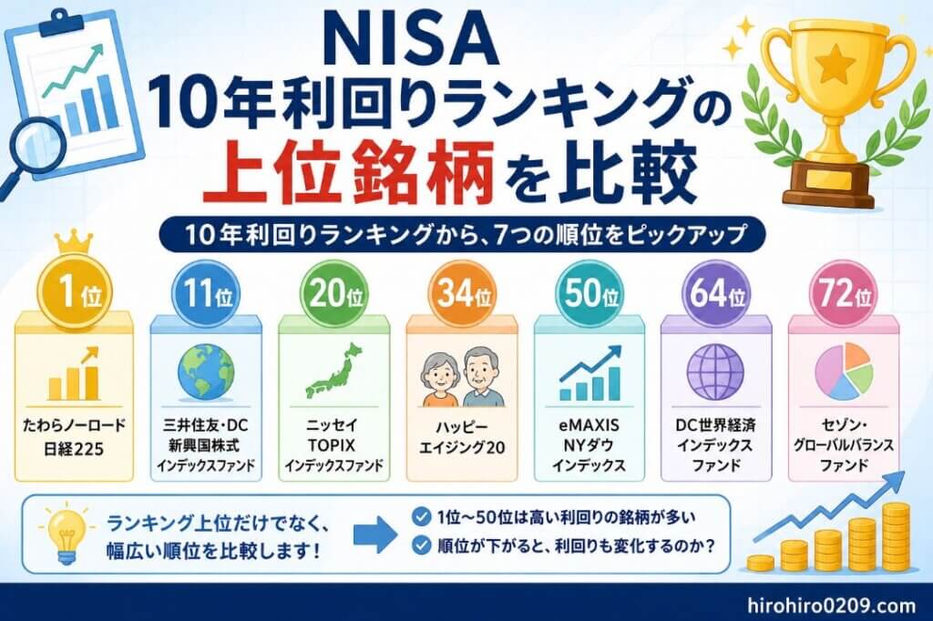NISA10年利回りランキングの1位・11位・20位・34位・50位・64位・72位の投資信託を一覧で比較した図解イラスト