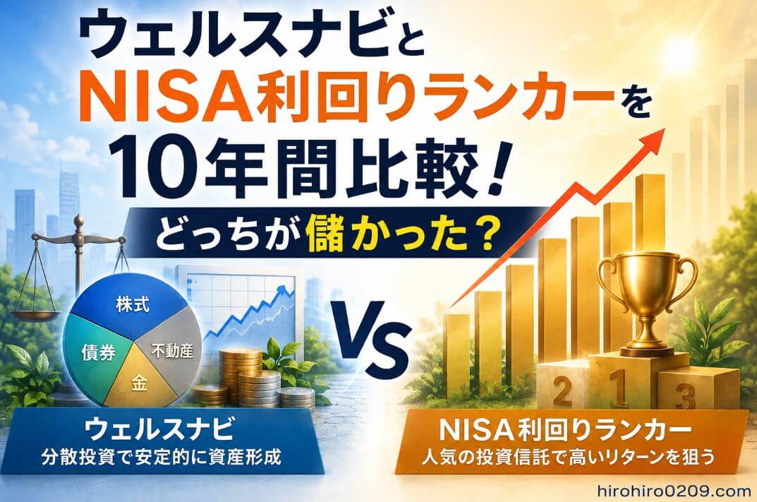ェルスナビとNISA利回りランキング上位の投資信託を10年間の運用実績で比較し、どちらがより資産を増やせたのかを表現した比較イメージ。ウェルスナビは株式・債券・金・不動産などへの分散投資、NISA利回りランカーは高いリターンを狙う投資信託をイメージした図。