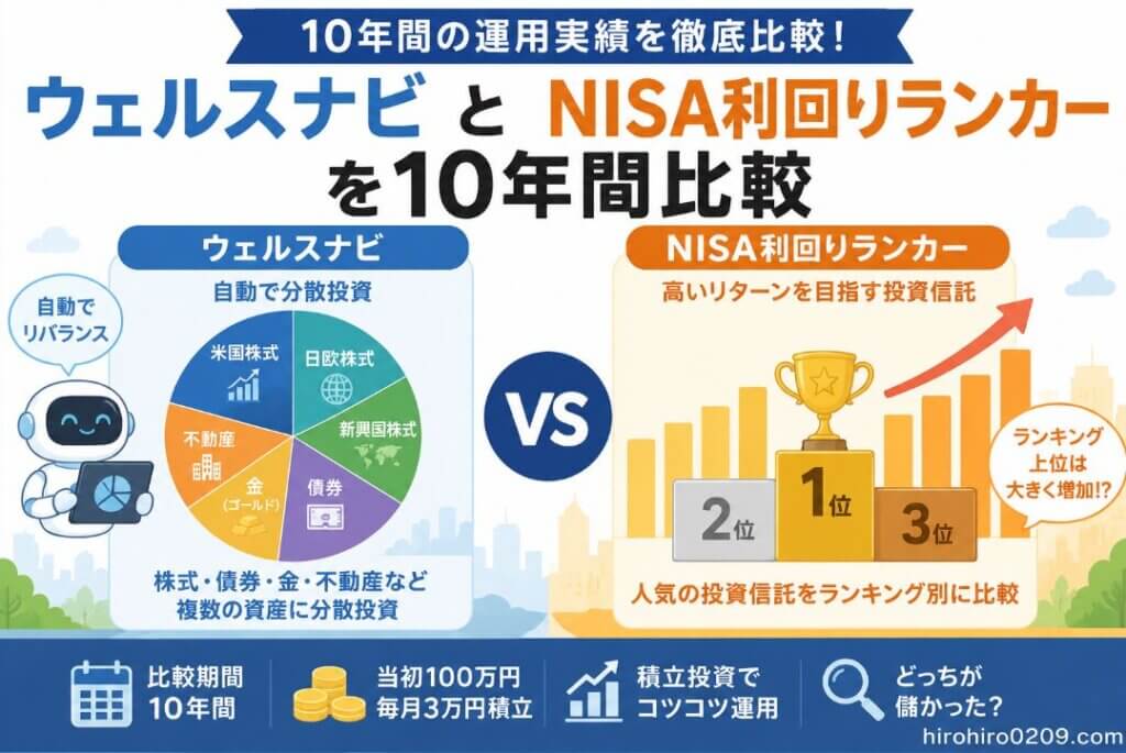 ウェルスナビとNISA利回りランキング上位の投資信託を、当初100万円＋毎月3万円積立の条件で10年間比較するイメージ。ウェルスナビは株式・債券・金・不動産などへの分散投資、NISA利回りランカーは高い運用実績を目指す投資信託として表現し、どちらがより資産を増やせたのかを比較している構図