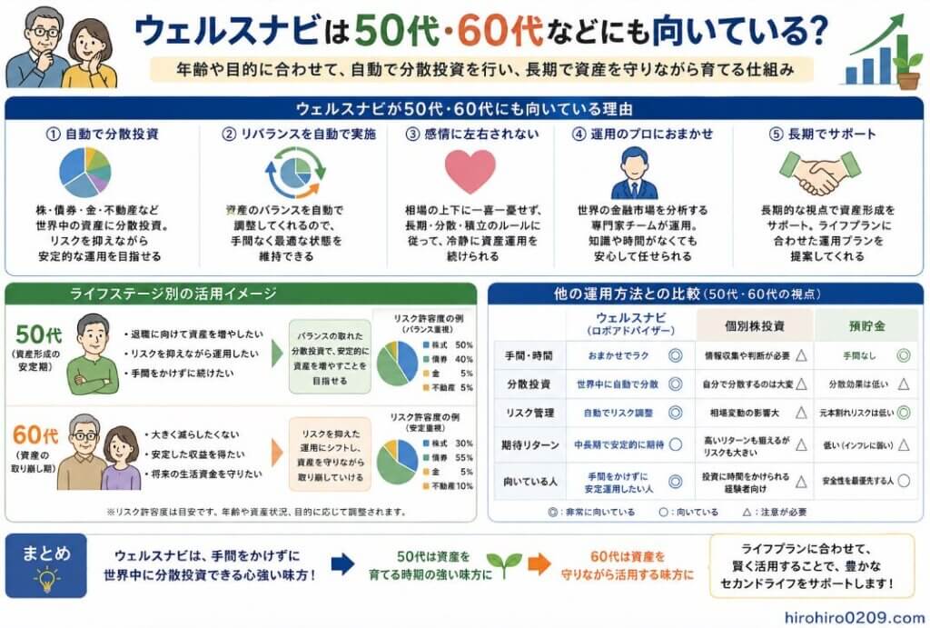ウェルスナビが50代・60代など資産を増やすだけでなく守ることも重視したい年代の選択肢になることを示した図解。株式・債券・金・不動産などへの分散投資や自動リバランスによって、手間を抑えながら長期的な資産形成を目指す特徴と、50代は資産を育てる時期、60代は資産を守りながら活用する時期として考えるイメージを紹介している