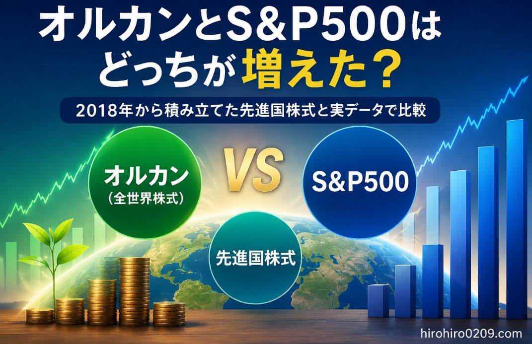 オルカン・S&P500・先進国株式の約8年間の積立実績を比較したイメージ図。世界地図と上昇グラフを背景に、3銘柄のリターン比較を表現したアイキャッチ画像。