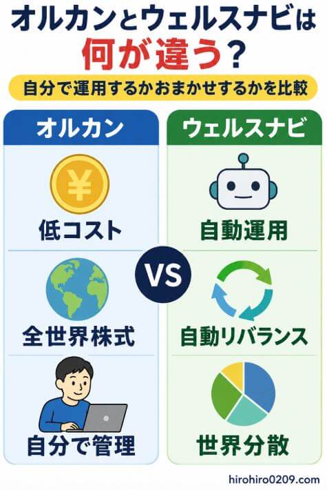 オルカンとウェルスナビの違いを比較する図解で、オルカンは低コスト・全世界株式・自分で管理、ウェルスナビは自動運用・自動リバランス・世界分散を特徴として紹介