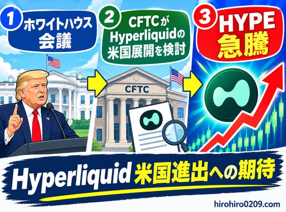 ホワイトハウス会議、CFTCによるハイパーリキッドの米国展開への期待、HYPE急騰の3段階を表現した図解イラスト