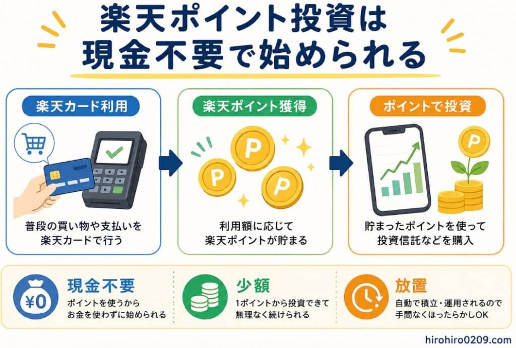 楽天ポイント投資を現金不要で始める仕組みを図解で説明したイラスト。左に楽天カード利用、中央に楽天ポイント獲得、右にポイントで投資を配置し、現金不要・少額・放置の3つの特徴をわかりやすく示した初心者向け図解。