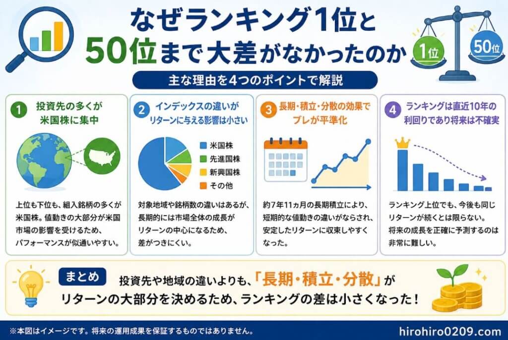 NISA10年利回りランキング1位から50位までの投資信託で最終評価額に大きな差が出なかった理由を、長期・積立・分散投資の効果や米国株比率の共通性などから解説した図解イラスト