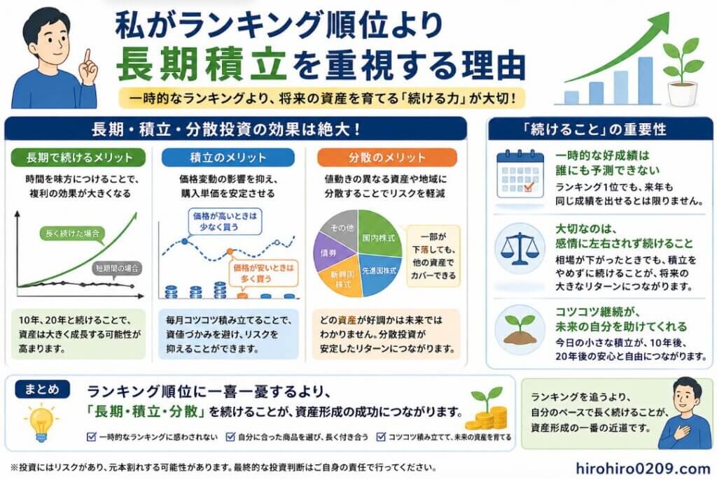NISAの利回りランキング順位よりも長期積立を重視する考え方を、長期・積立・分散投資の効果と継続の重要性から解説した図解イラスト