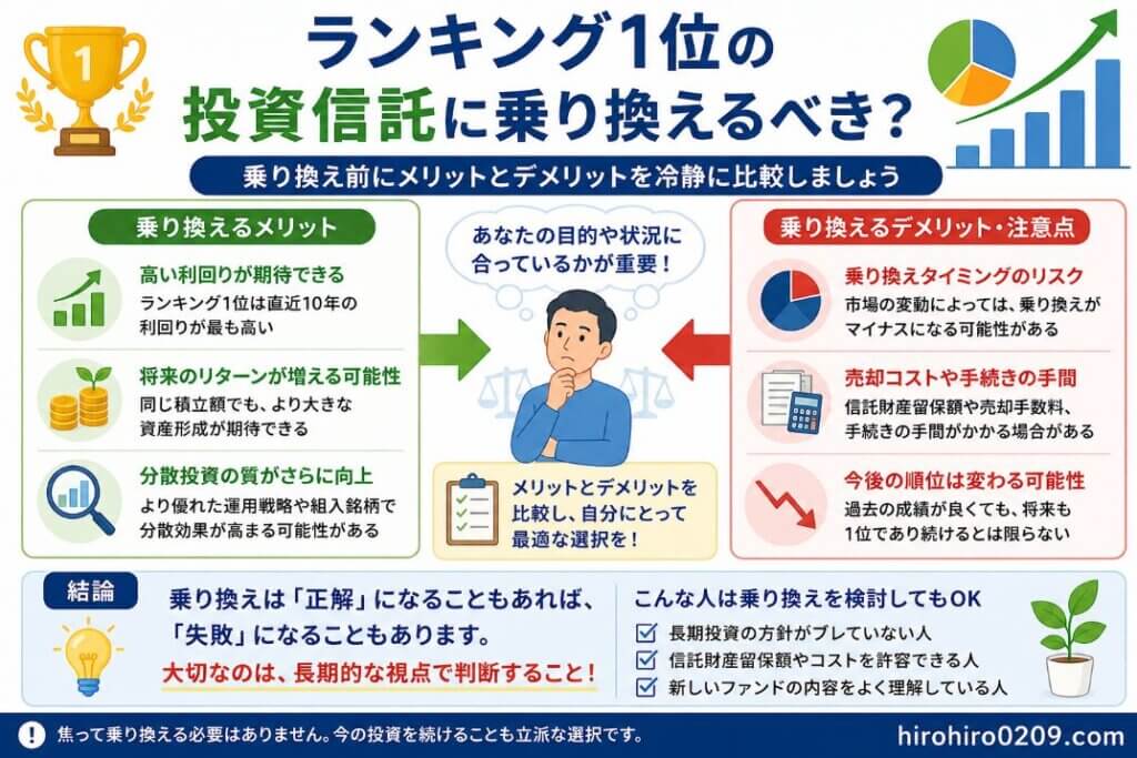 NISA10年利回りランキング1位の投資信託へ乗り換えるべきかどうかを、メリット・デメリット・長期積立の考え方から比較して判断する図解イラスト