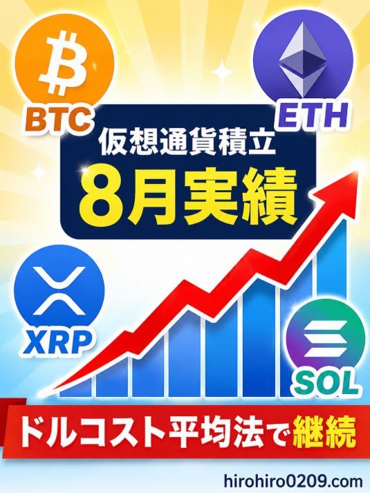 仮想通貨積立の8月実績を示す図解イラスト。中央に「仮想通貨積立 8月実績」、上昇するチャートとBTC・ETH・XRP・SOLを配置し、ドルコスト平均法で継続して積み立ててきたことを表現