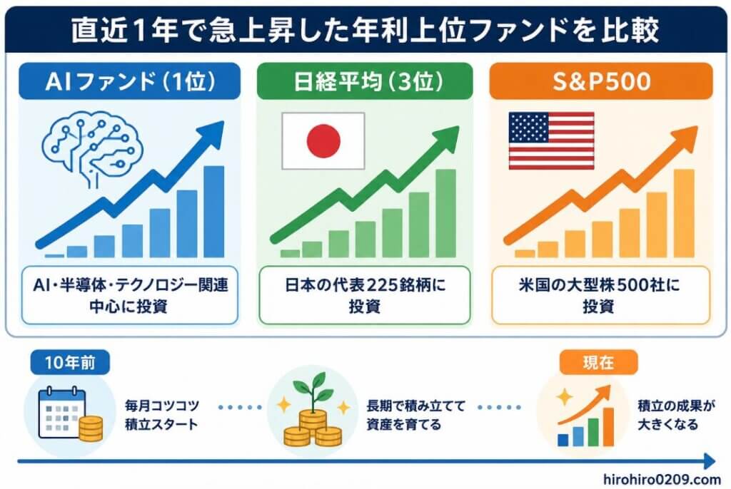直近1年で急上昇した年利上位ファンドを比較した図解で、AIファンド（1位）、日経平均（3位）、S&P500の特徴と、10年前から現在までの長期積立イメージをまとめた比較イラスト
