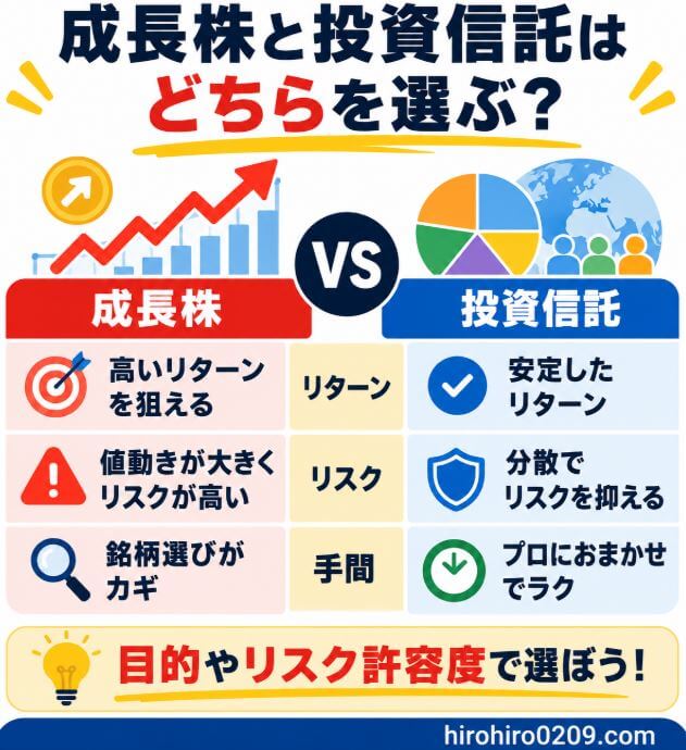 成長株と投資信託をリターン・リスク・手間の3項目で比較し、成長株は高いリターンを狙える一方で値動きが大きく、投資信託は分散投資でリスクを抑えやすい特徴を示した図解イラスト