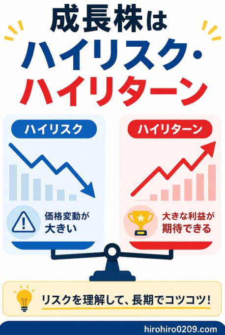成長株投資は価格変動が大きいハイリスクな一方、大きな利益を期待できるハイリターン投資であることを示し、リスクを理解して長期投資する重要性を表した図解イラスト